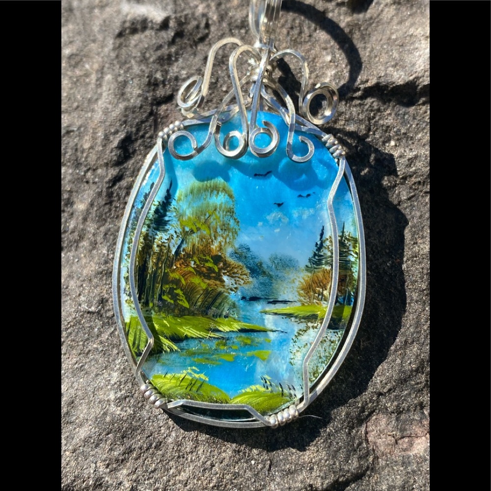 Hand Painted Wire Wrap Abalone Shell Pendant - image 1